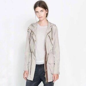 Zara Khaki Minimalist Preppy Coastal Classic Safari Utility Hooded Coat, sz Smal